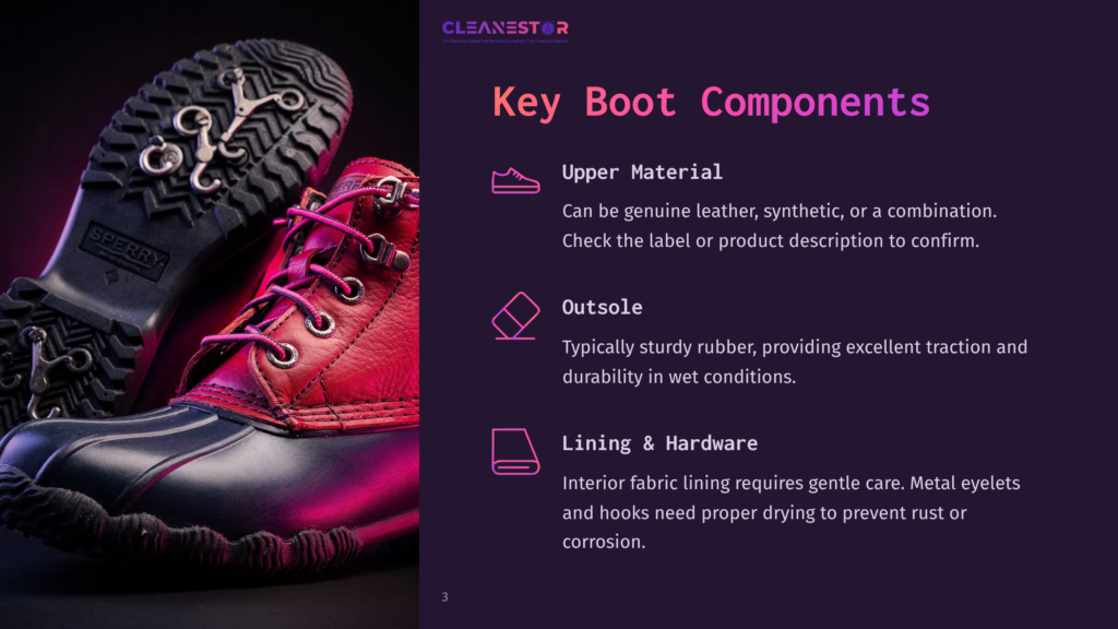 3 Key Boot Components Close-Up Of A Red And Black Sperry Duck Boot Highlighting Key Components Like The Upper Material, Outsole, And Lining With Icons.