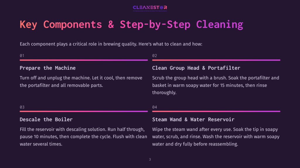 Infographic Titled &Quot;Key Components &Amp; Step-By-Step Cleaning&Quot; From Cleanestor, Detailing Machine Preparation, Group Head Cleaning, Descaling The Boiler, And Cleaning The Steam Wand And Water Reservoir.