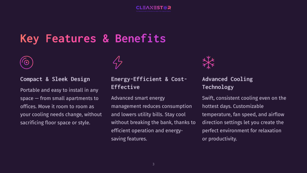 Key Features &Amp; Benefits Of The Cleanestor Portable Air Conditioner: Compact &Amp; Sleek Design, Energy-Efficient &Amp; Cost-Effective, And Advanced Cooling Technology.