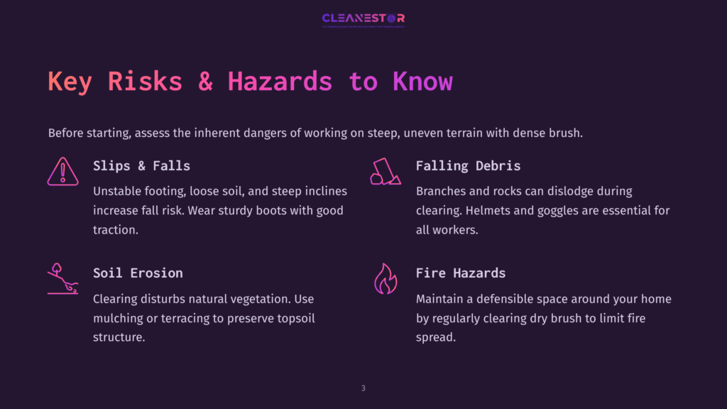 3 Key Risks And Hazards To Know Key Risks &Amp; Hazards To Know: Slips &Amp; Falls, Falling Debris, Soil Erosion, Fire Hazards. Learn About These Dangers When Working On Steep Terrain With Dense Brush.