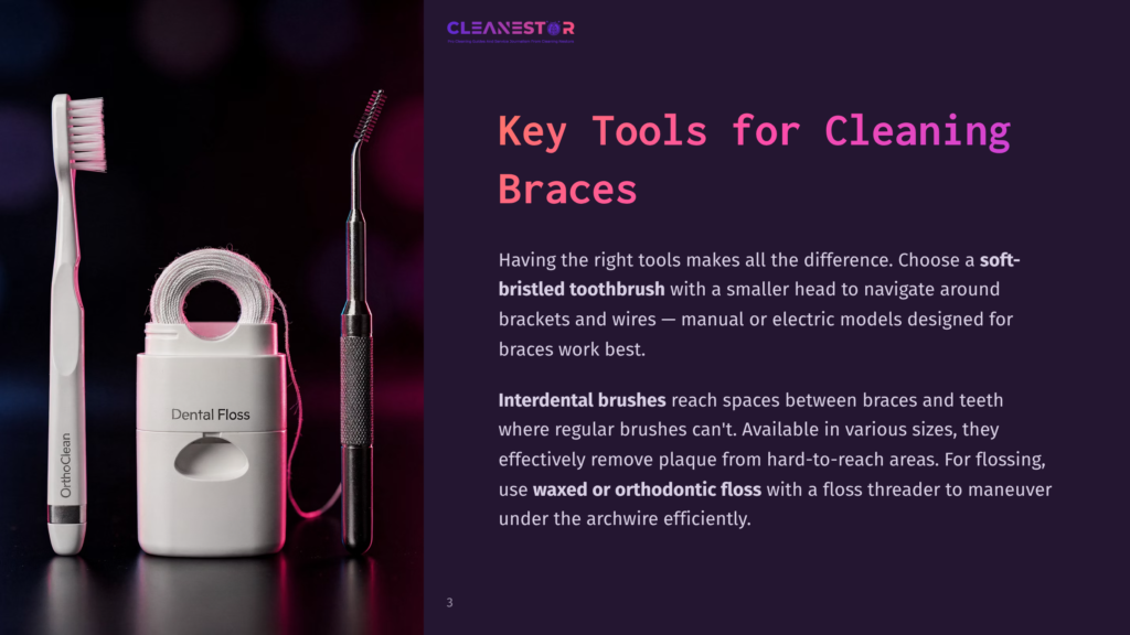 Cleanestor Logo With Text &Quot;Key Tools For Cleaning Braces.&Quot; A Soft-Bristled Toothbrush, Dental Floss, And Interdental Brushes Are Displayed On A Dark Background.