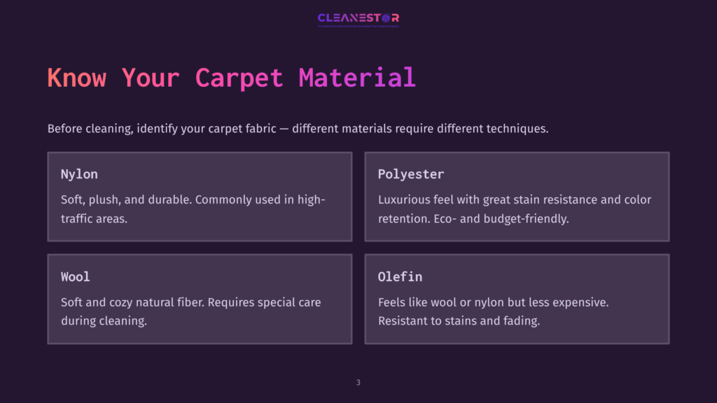 Four Colored Boxes Display Carpet Material Types: Nylon, Polyester, Wool, And Olefin, Each With Key Characteristics Highlighted. Background Is Purple.