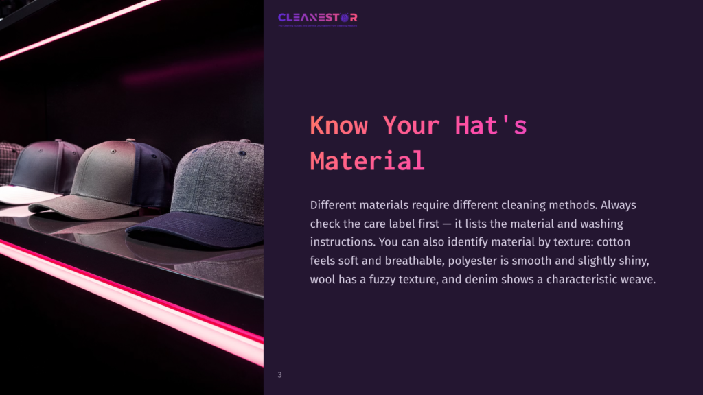 3 Know Your Hats Material Cleanestor Logo Above A Text Graphic That Reads &Quot;Know Your Hat'S Material&Quot; With A Description Of Different Hat Materials And Cleaning Advice. Three Baseball Caps Are Displayed On A Shelf Below.