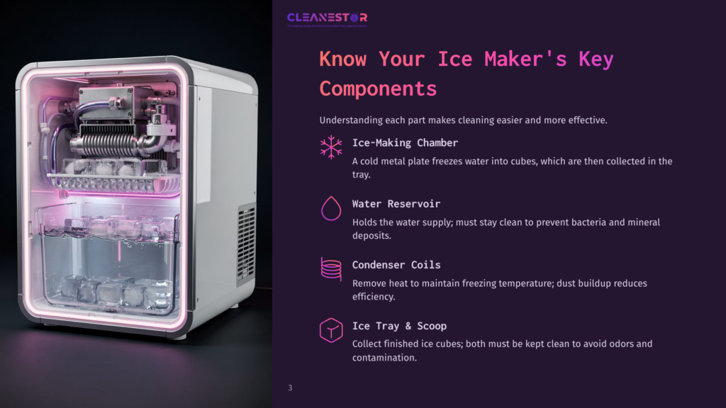 3 Know Your Ice Makers Key Components Cleanestor Ice Maker With Illuminated Pink Interior, Showing Ice Cubes In A Tray And Water Reservoir, With Text Detailing Its Components: Ice-Making Chamber, Water Reservoir, Condenser Coils, And Ice Tray &Amp; Scoop.