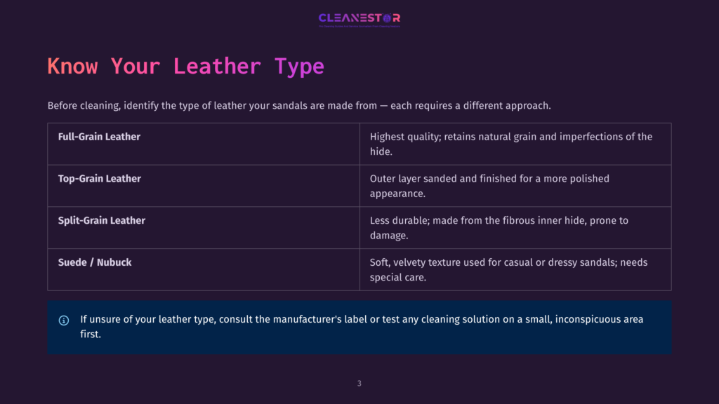 3 Know Your Leather Type Table Detailing Leather Types For Sandals: Full-Grain, Top-Grain, Split-Grain, And Suede/Nubuck, With Descriptions Of Their Qualities And Care Needs.