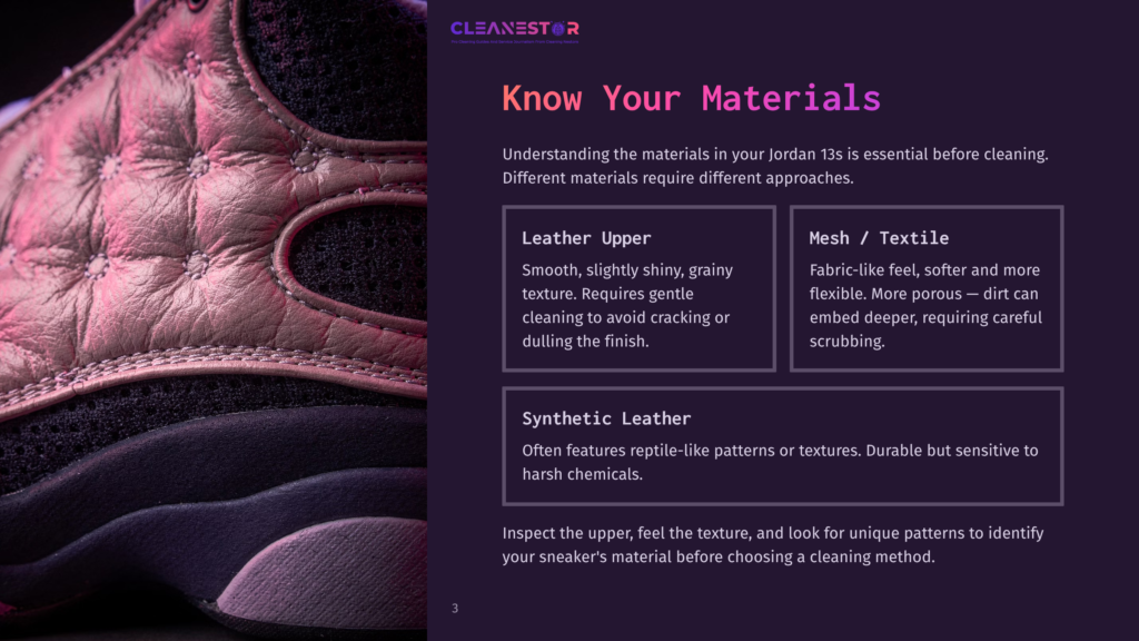 Close-Up Of A Jordan 13 Sneaker, Highlighting The Textured Pink Leather Upper And Black Mesh Side Panels. Text Overlay Reads &Quot;Know Your Materials&Quot; And Details Different Sneaker Materials.