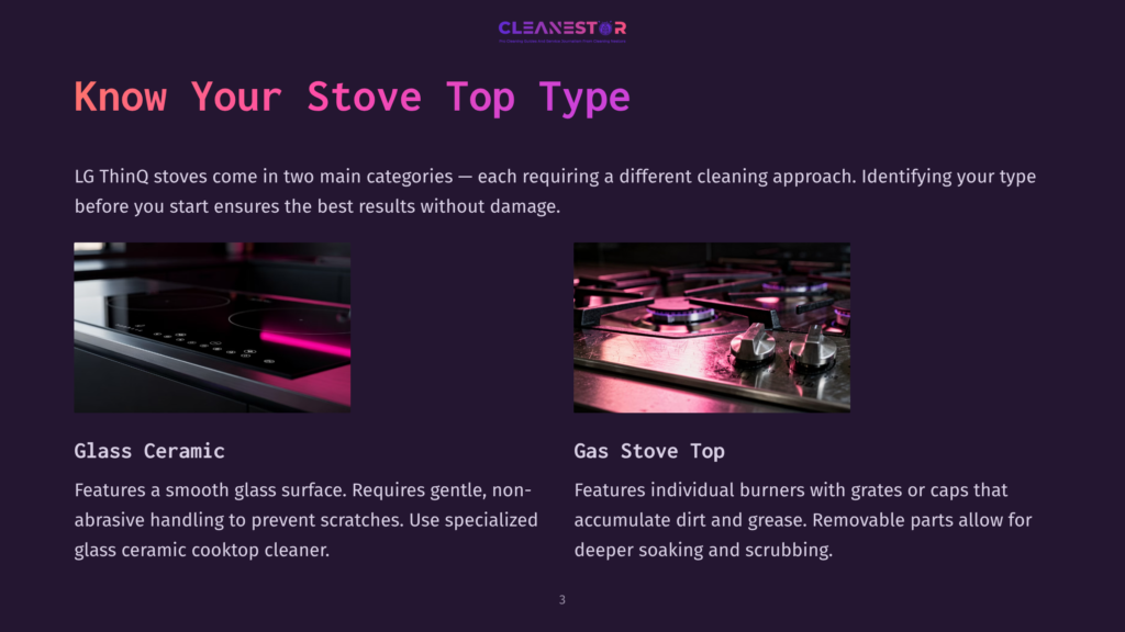 3 Know Your Stove Top Type Close-Up Of A Modern Lg Thinq Glass Ceramic Stovetop With Illuminated Pink Heating Elements, Contrasted With A Gas Stove Top Featuring Individual Burners And Grates.