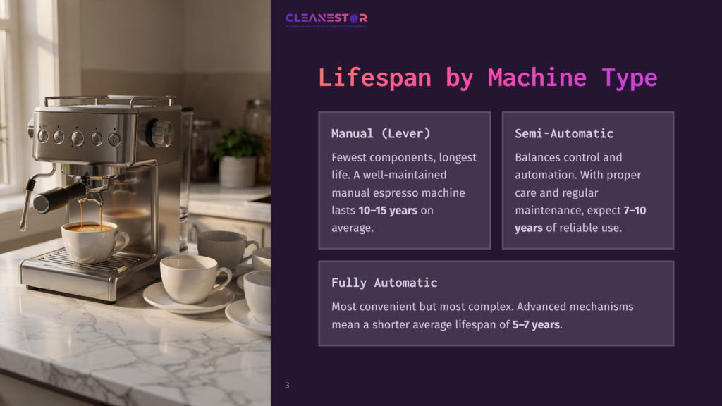 A Professional Espresso Machine Is Brewing Coffee Into Two White Cups, Set On A Clean, Modern Kitchen Counter. The Text &Quot;Cleanestor&Quot; And &Quot;Lifespan By Machine Type&Quot; Is Visible.