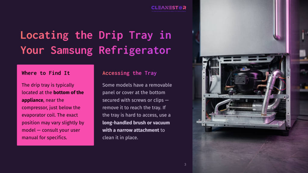 A Partially Visible Samsung Refrigerator With Its Back Panel Removed, Showing The Drip Tray And Internal Components, Set Against A Dark Background.