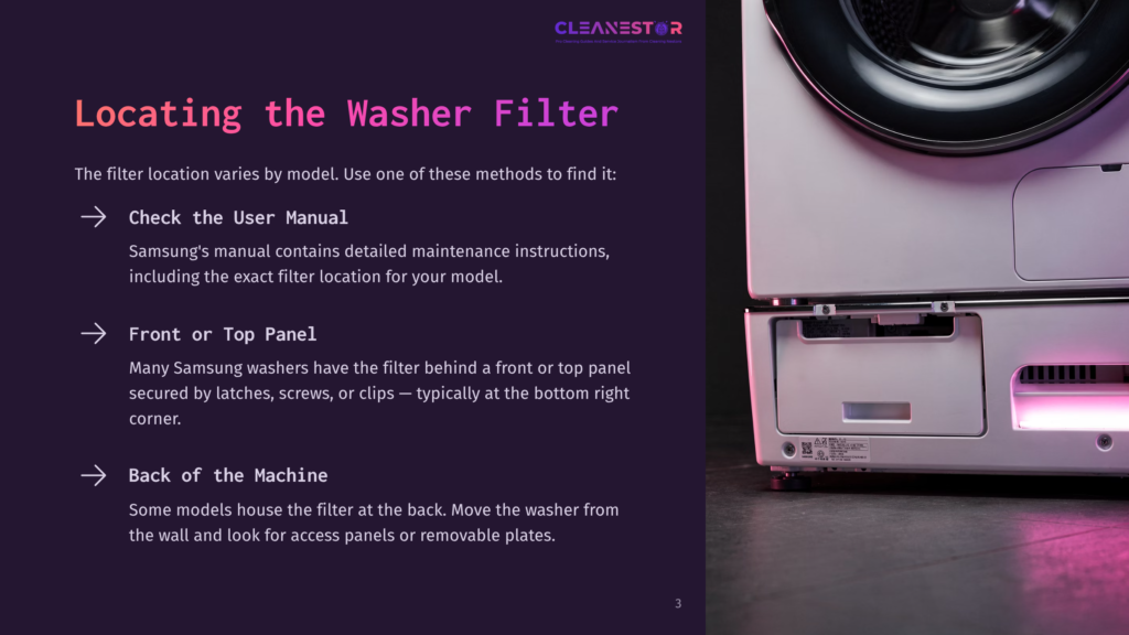 Samsung Washer With A Visible Filter Compartment Near The Bottom Right, Alongside A User Manual, On A Contrasting Dark Background.