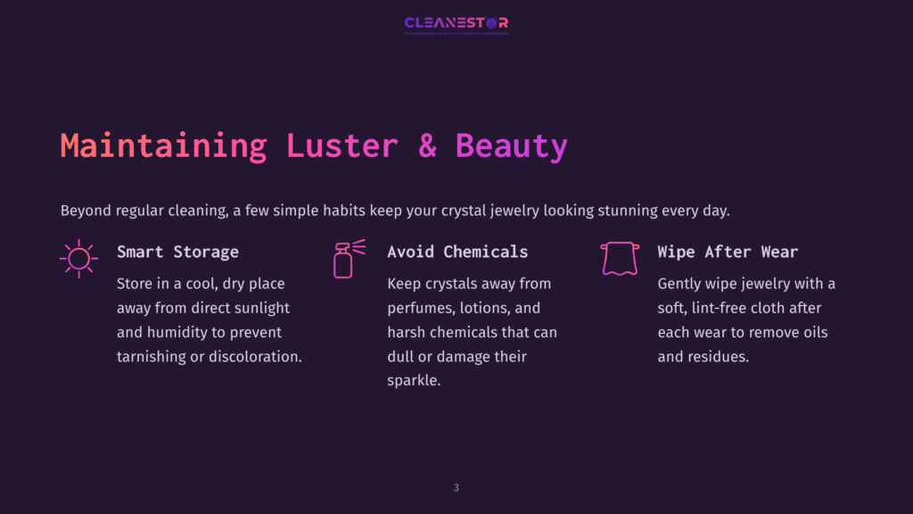 Purple Background With White And Pink Text Outlining Tips For Maintaining Crystal Jewelry'S Luster, Featuring Icons For Storage, Chemicals, And Cleaning.