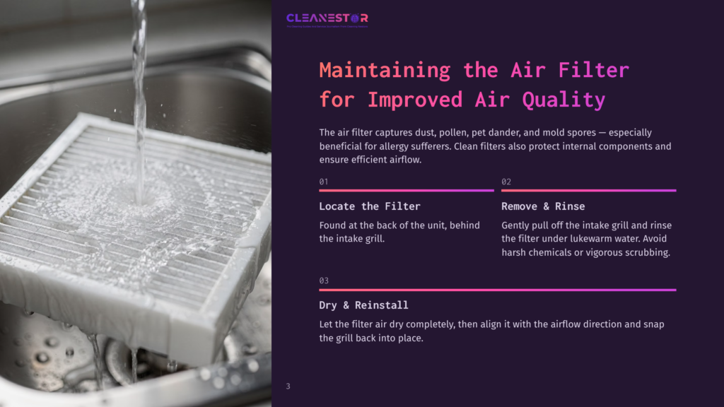 Cleanestor Logo And Text &Quot;Maintaining The Air Filter For Improved Air Quality&Quot; Next To A Close-Up Of A Dirty Air Filter Being Rinsed Under Running Water In A Sink.