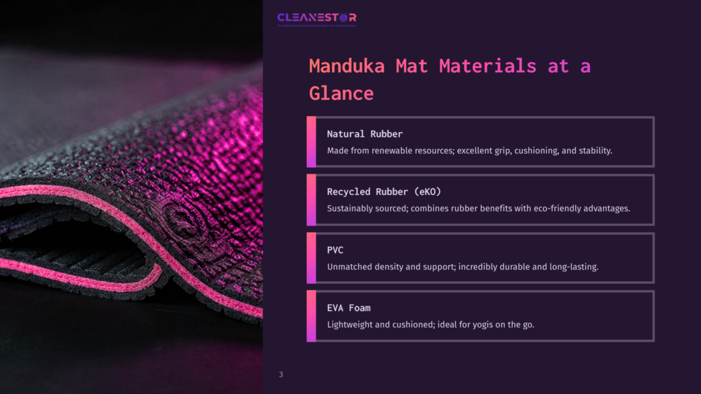 Close-Up Of A Manduka Yoga Mat In A Gradient Of Black And Purple, Alongside A Chart Detailing Materials And Their Benefits.