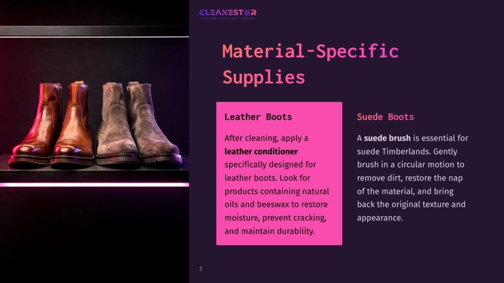 3 Material Specific Supplies Four Leather And Suede Boots Are Displayed On A Shelf With Neon Pink Lighting. The Text &Quot;Cleanestor&Quot; Is Visible At The Top Left, Along With &Quot;Material-Specific Supplies,&Quot; &Quot;Leather Boots,&Quot; And &Quot;Suede Boots&Quot; On The Right.