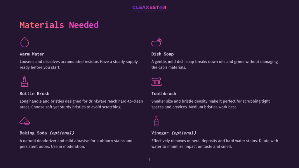 List Of Materials Needed For Cleaning A Gatorade Squeeze Bottle Cap, Including Warm Water, Dish Soap, A Bottle Brush, Toothbrush, Baking Soda, And Vinegar, With A Purple And White Color Scheme.