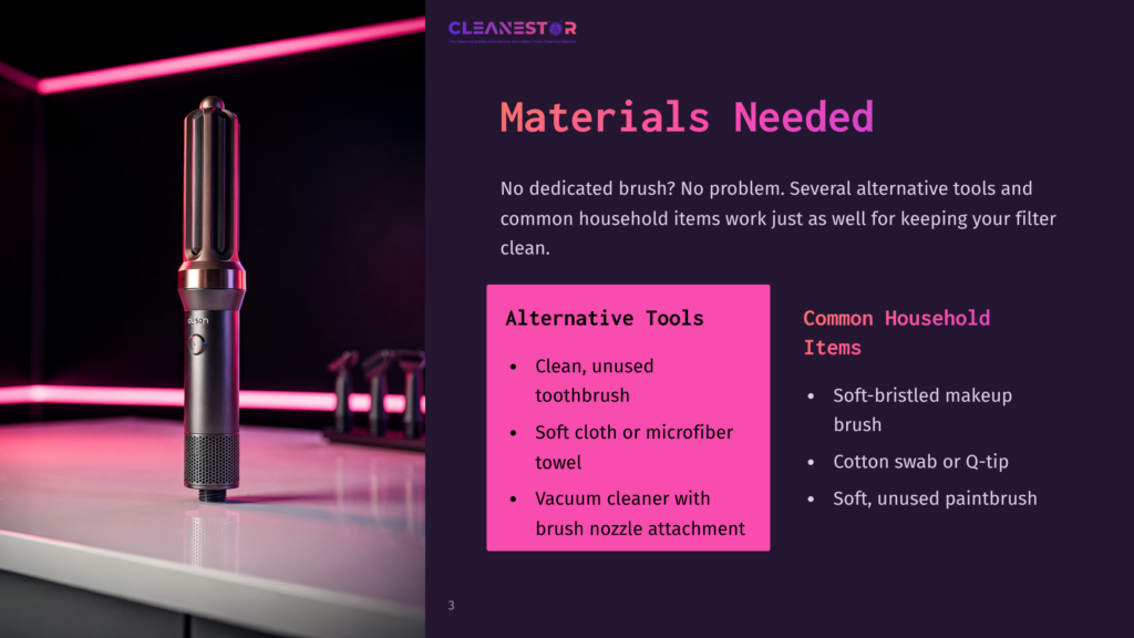 A Dyson Airwrap Sits On A White Surface With Pink Lighting. A List Of Alternative Cleaning Tools And Household Items Is Displayed Beside It.