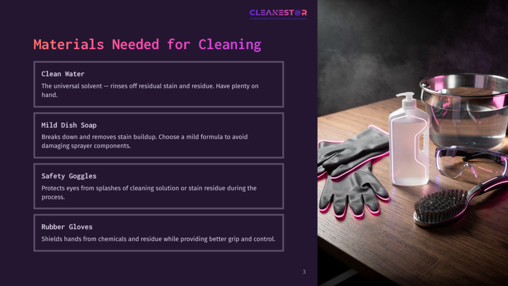 Ingredients And Tools For Cleaning A Sprayer: Clean Water, Mild Dish Soap, Safety Goggles, Rubber Gloves, And A Brush On A Wooden Table.