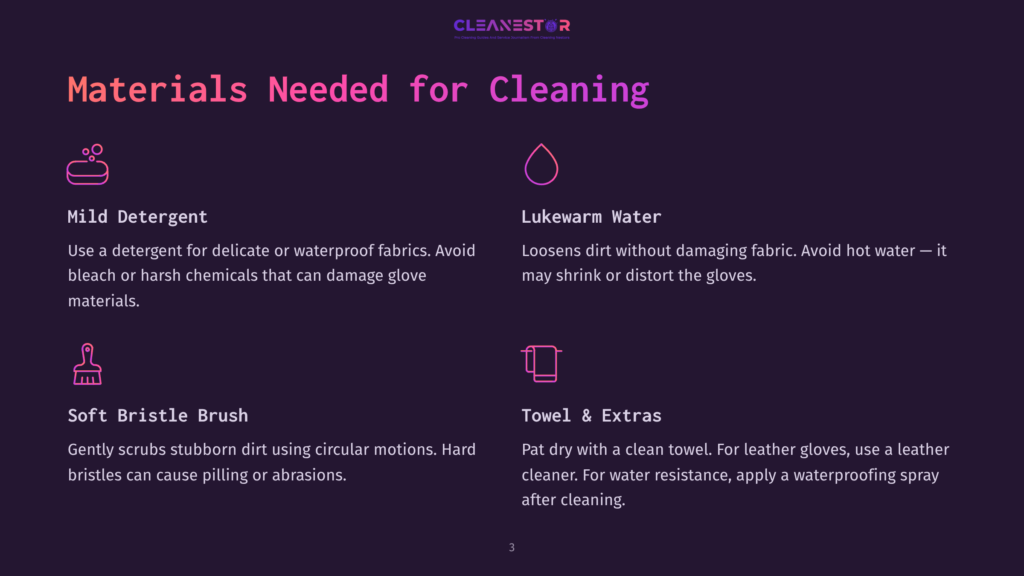 3 Materials Needed For Cleaning Materials Needed For Cleaning Ski Gloves, Including Mild Detergent, Lukewarm Water, A Soft Bristle Brush, And A Towel, Against A Dark Background.