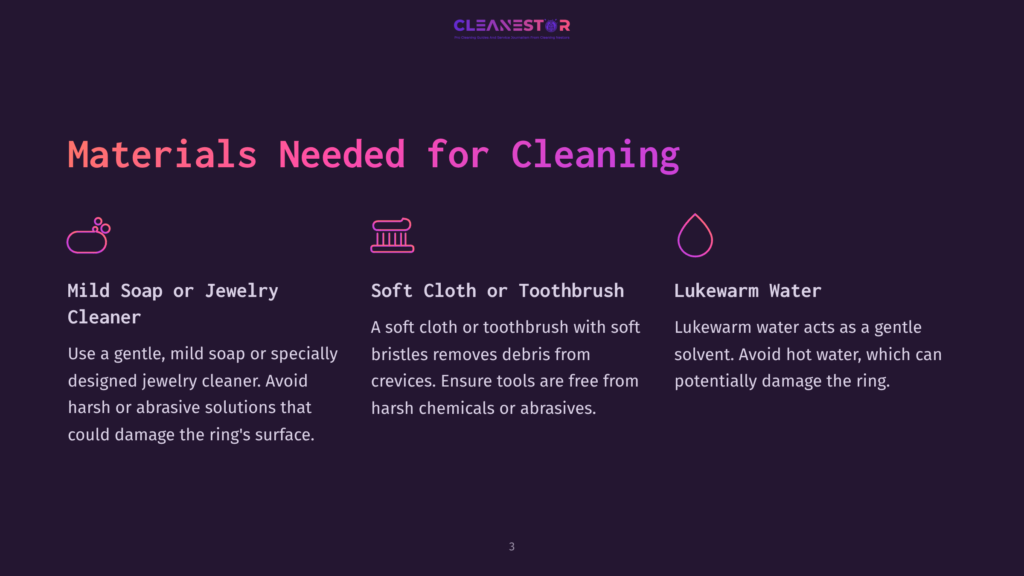 Materials For Cleaning Include Mild Soap, Soft Cloth Or Toothbrush, And Lukewarm Water, Detailed In A Purple Background Layout.