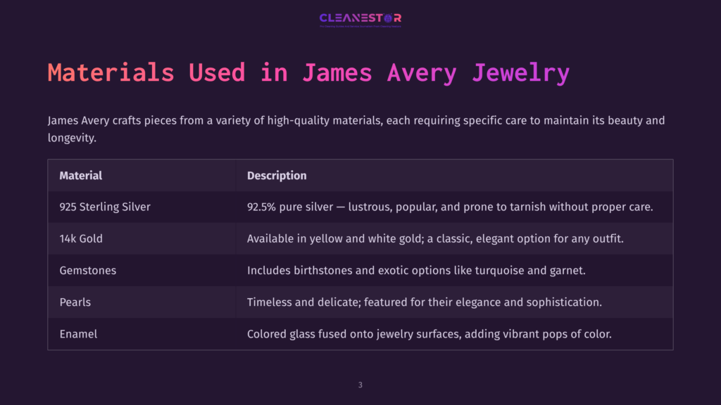Table Displaying Materials Used In Jewelry, With Headings In Bold And Descriptions In A Mix Of Colors On A Dark Background.