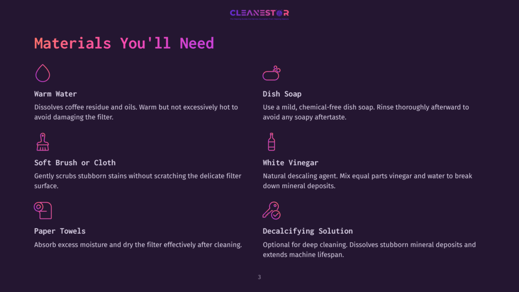 Graphic With A Dark Purple Background Listing Materials Needed For Cleaning A Coffee Maker: Warm Water, Dish Soap, White Vinegar, Decalcifying Solution, Scrub Brush, And Paper Towels, Each With An Icon.