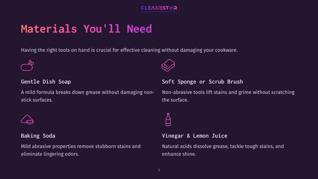 List Of Cleaning Materials For Cookware: Gentle Dish Soap, Soft Sponge, Baking Soda, Vinegar, And Lemon Juice, With A Dark Purple Background.