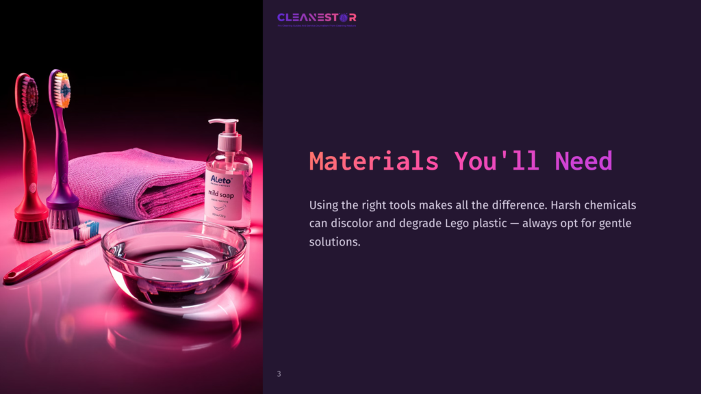Three Toothbrushes, A Rolled Pink Towel, And A Bottle Of Mild Soap Sit Next To A Glass Bowl Of Water On A Reflective Surface, Suggesting Cleaning Supplies For Toys.