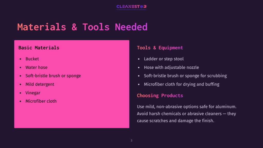 List Of Materials And Tools For Cleaning An Aluminum Horse Trailer, With Sections Highlighted In Pink And Black Text For Clarity.