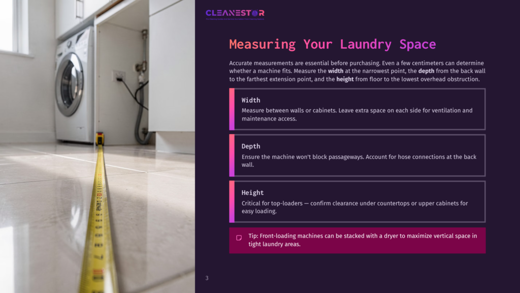 A Yellow Measuring Tape Extends From The Floor To A Washing Machine In A Laundry Room, Illustrating How To Measure Laundry Space Width, Depth, And Height.