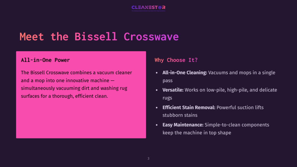 Bissell Crosswave Vacuum Cleaner Shown On A Purple Background, Highlighted In A Pink Box, With Key Features Listed Beside It.