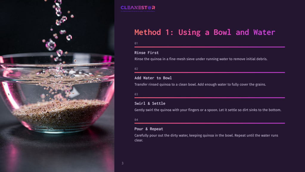 A Clear Glass Bowl Filled With Quinoa And Water, With Water Splashes Above. The Layout Includes Numbered Steps In Purple Text.