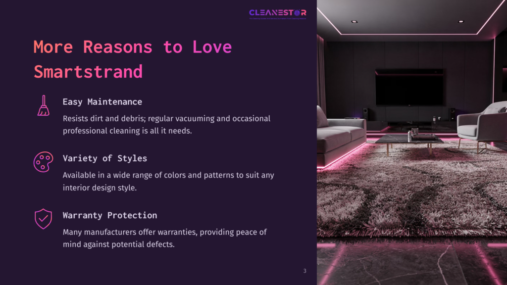 A Modern Living Room With A Plush Carpet, Pink Led Lights, And A Sleek Media Console; Highlighted Text On The Left Shares Carpet Benefits.