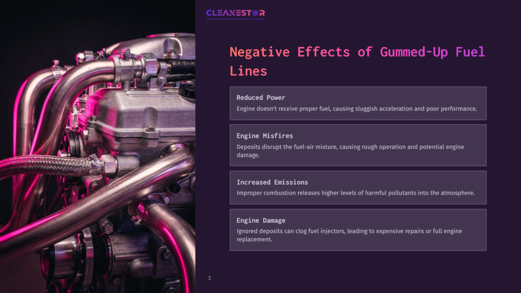 Close-Up Of A Metal Engine With Gaskets And Pipes, Featuring Pink And Purple Lighting, Alongside Text Outlining The Issues Of Gummed-Up Fuel Lines.