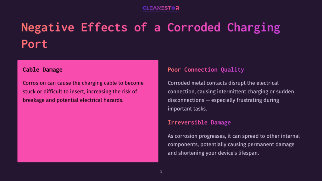 3 Negative Effects Of A Corroded Charging Port Text Slides On A Dark Background Highlighting The Negative Effects Of A Corroded Charging Port, With Pink Sections Emphasizing Key Points.