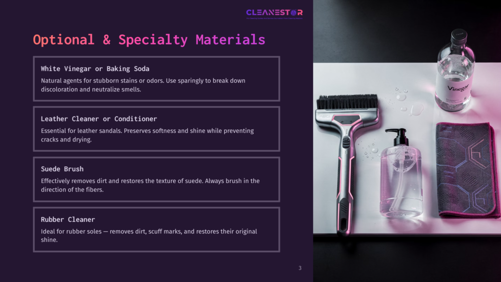 A Flat Lay Of Cleaning Materials: A Bottle Of Leather Conditioner, A Suede Brush, A Rubber Cleaner, And A Brush On A Purple Background.