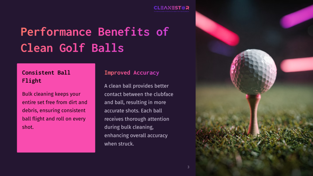 3 Performance Benefits Of Clean Golf Balls Close-Up Of A Clean White Golf Ball On A Wooden Tee, Ready To Be Hit. The Background Is Blurred With Vibrant Pink And Purple Lights, Suggesting A Nighttime Setting. Text On The Left Highlights &Quot;Performance Benefits Of Clean Golf Balls.