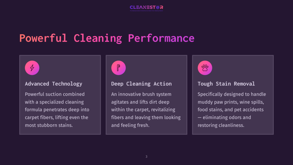 A Dark Background With The Cleanestor Logo At The Top. Below, Three Columns Highlight &Quot;Powerful Cleaning Performance&Quot;: Advanced Technology With A Lightning Bolt Icon, Deep Cleaning Action With A Brush Icon, And Tough Stain Removal With A Paw Print Icon, Each With Descriptive Text.