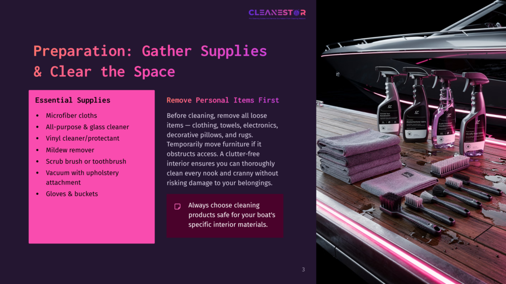Cleaning Supplies Arranged On A Wooden Boat Deck, Including Microfiber Cloths, Spray Cleaners, And A Scrub Brush, With Pink Lighting Accents.