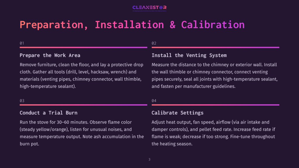 Cleanestor Logo Above Text Outlining Steps For Stove Preparation, Installation, And Calibration: 1. Prepare The Work Area, 2. Install The Venting System, 3. Conduct A Trial Burn, 4. Calibrate Settings.