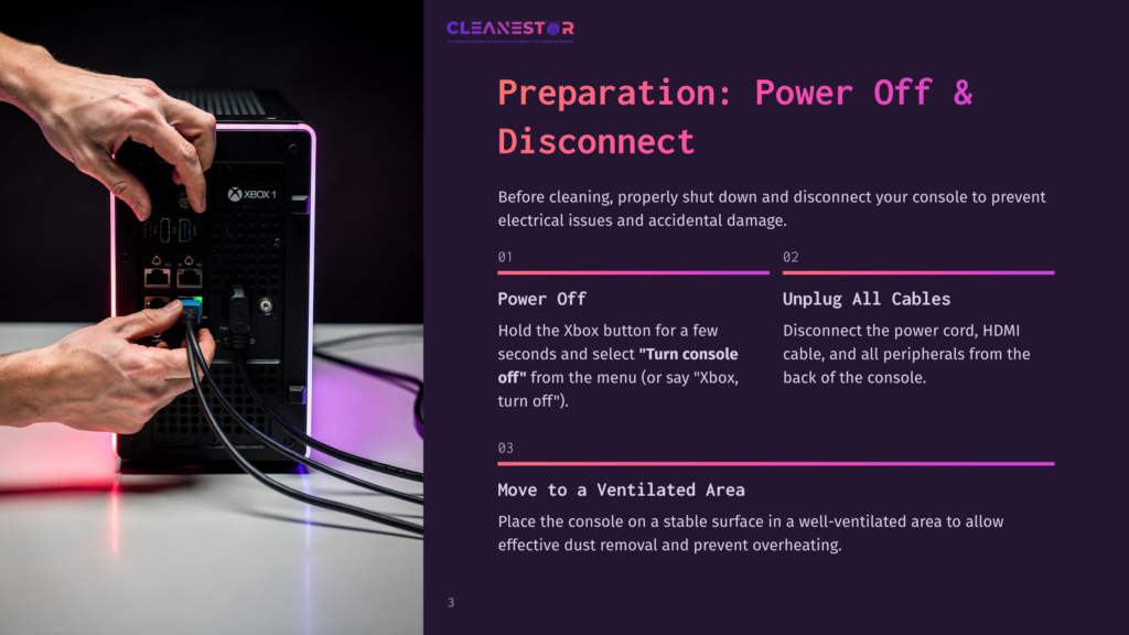 Close-Up Of Hands Unplugging Cables From The Back Of An Xbox Series X Console, With Its Distinctive Vertical Design And Rgb Lighting Visible. Text Overlay Reads: &Quot;Preparation: Power Off &Amp; Disconnect.