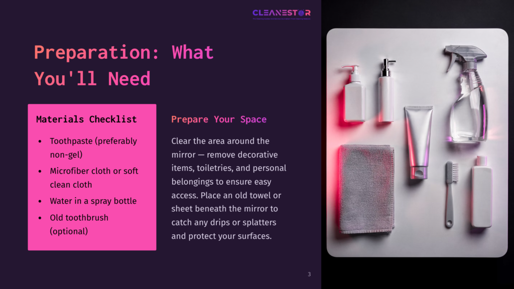 Checklist For Cleaning Mirrors Featuring Toothpaste, Microfiber Cloth, Spray Bottle, And Towel, Arranged On A Dark Background With Pink Lighting.