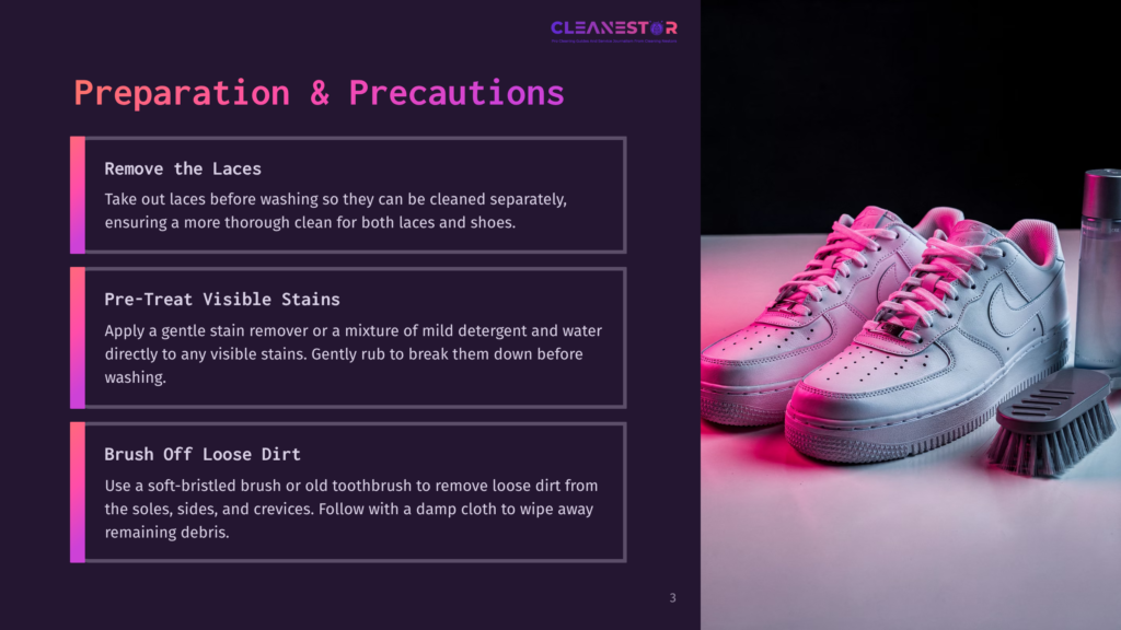 Sneakers With A Light Grey Color And Reflective Accents, Alongside Cleaning Tools, Set Against A Pink And Purple Background.