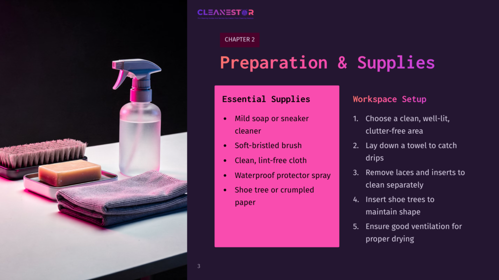 Spray Bottle, Cloth, And Cleaning Supplies On A Dark Background, With A Highlighted Checklist On Workspace Setup For Shoe Cleaning.
