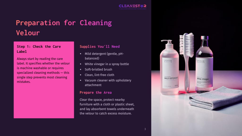 3 Preparation For Cleaning Velour Cleaning Supplies For Velour: Bottles Of Mild Detergent And White Vinegar, A Soft-Bristled Brush, And A Grey Cloth On A Dark Background. Text Overlays Detail Preparation Steps.