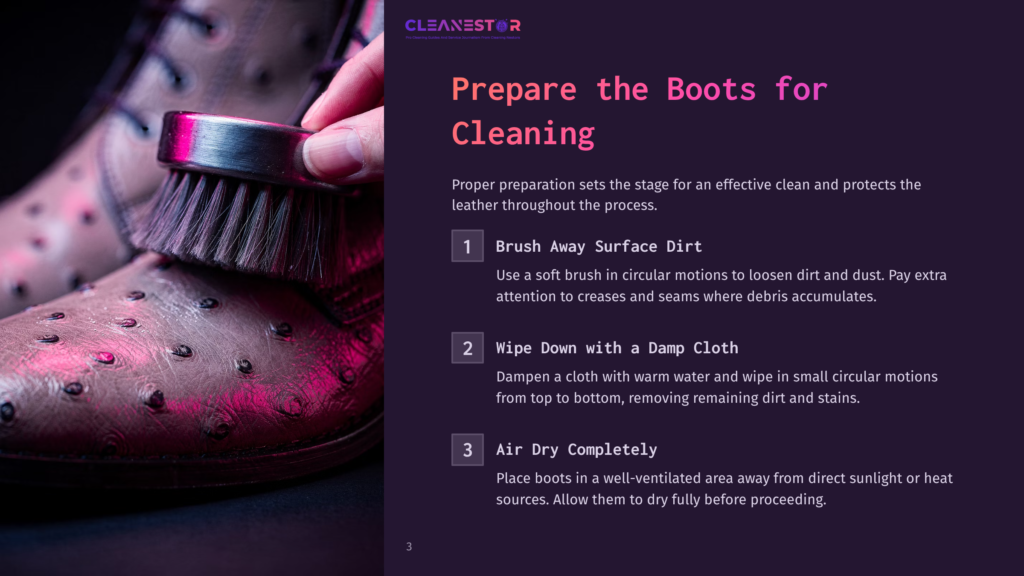 Close-Up Of A Hand Using A Soft Brush To Clean A Textured Brown Leather Boot, Part Of A Boot Cleaning Guide.