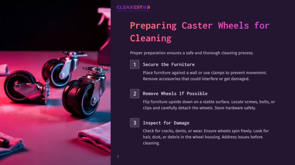 3 Preparing Caster Wheels For Cleaning Three Shiny Caster Wheels On A Dark Surface, With Cleaning Supplies Nearby, Highlighted By Purple And Pink Lighting.