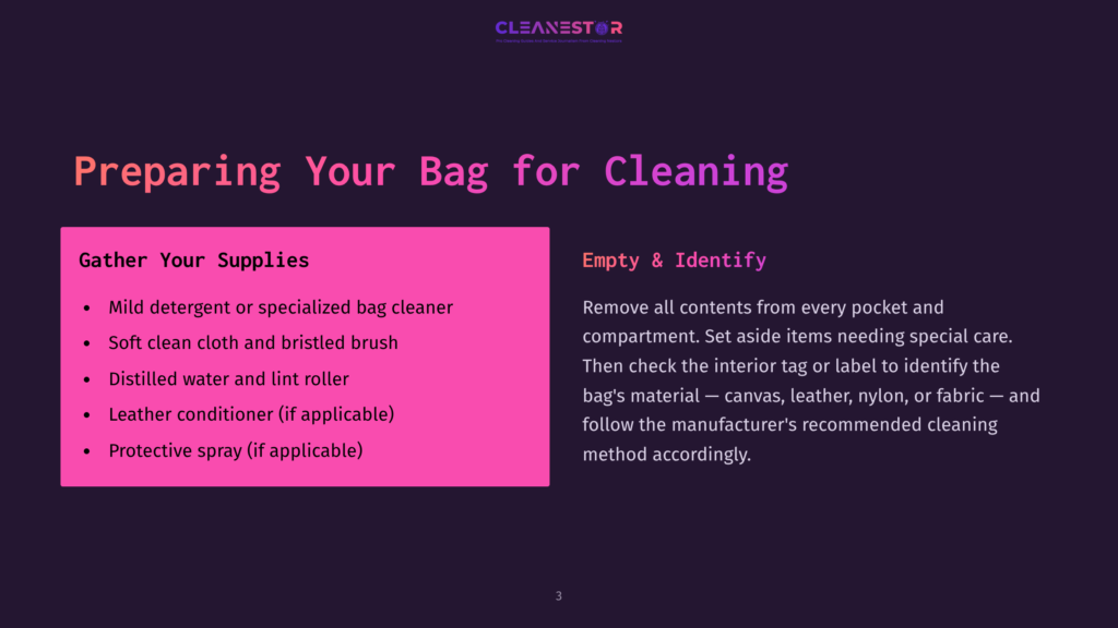 Slide Titled &Quot;Preparing Your Bag For Cleaning&Quot; From Cleanestor, Listing Supplies Like Mild Detergent, Soft Cloth, Lint Roller, Leather Conditioner, And Protective Spray, And Steps To Empty And Identify Bag Contents.