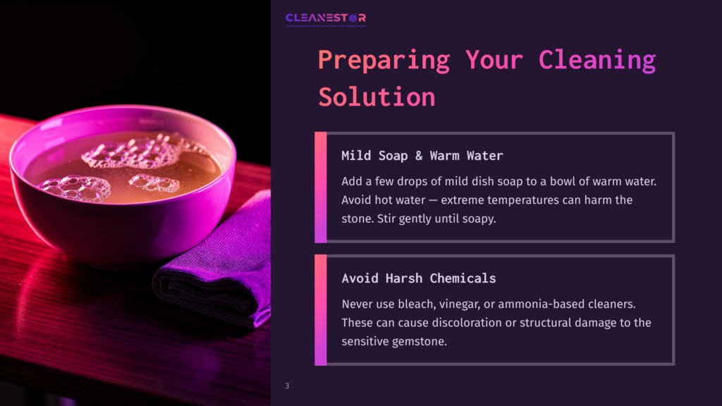 A Bowl Of Warm Water With Dish Soap Sits On A Wooden Surface, Illuminated By Soft Pink And Purple Lighting, Alongside Cleaning Tips.