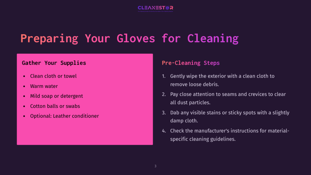 Slide With A Dark Background Featuring Pink And White Text. Lists Cleaning Supplies Like A Towel, Water, And Detergent, Along With Steps For Cleaning Kickboxing Gloves.