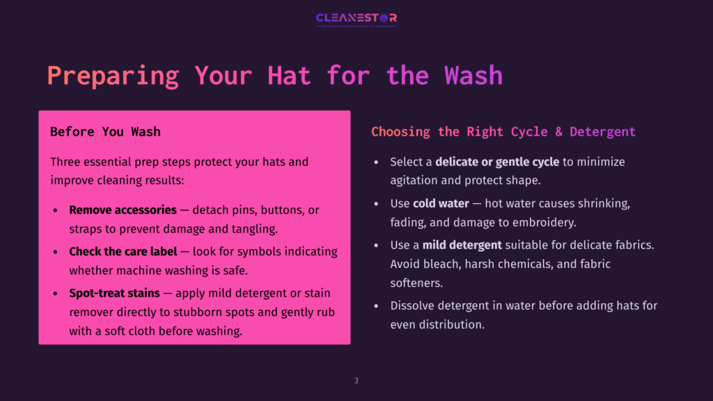 Preparing Your Hat For The Wash: A Guide With Two Columns. The Left Column, &Quot;Before You Wash,&Quot; Lists Steps Like Removing Accessories And Checking Care Labels. The Right Column, &Quot;Choosing The Right Cycle &Amp; Detergent,&Quot; Advises Using A Cold, Delicate Cycle And Mild Detergent.